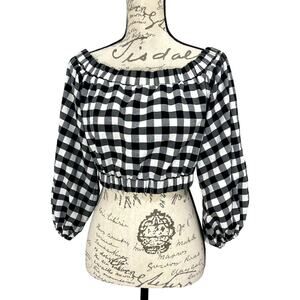 Maeve by Anthropologie B/W Gingham Off-Shoulder Tie Back Puff Sleeve Crop Top